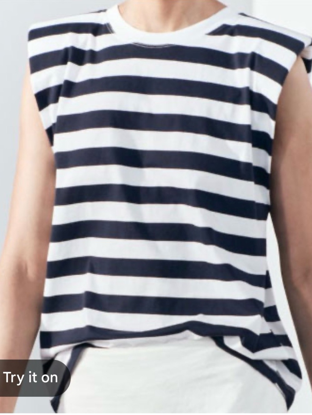 Zara Sleeveless Stripe Shoulder Pad Crew Neck Tshirt Top